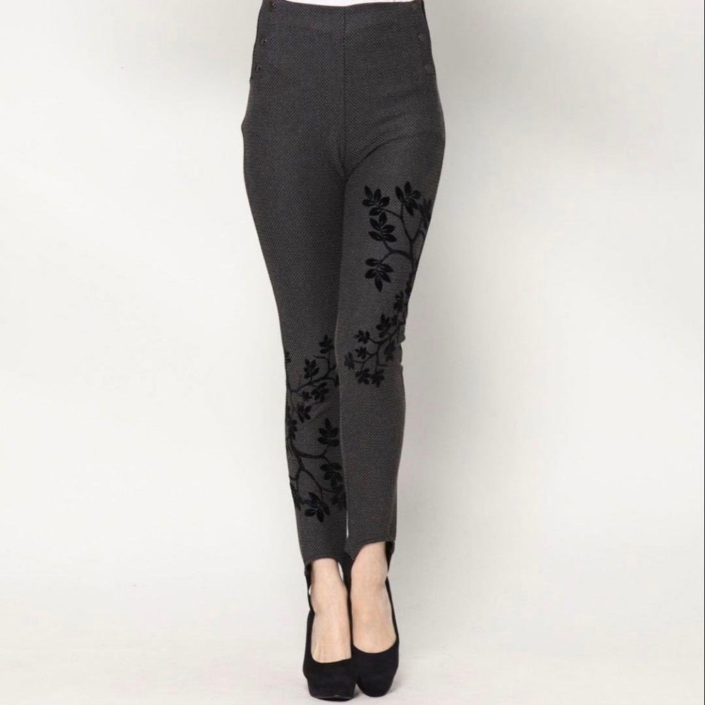 Desigual Womens Gray Black Flocked Velvet Floral Stirrup Leggings 18WWPK14 S